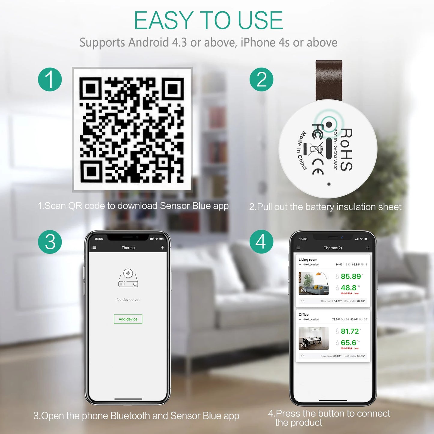 ORIA Thermometer Hygrometer Wireless Bluetooth Outdoor Thermometer Smart Home Temperature and Humidity Sensor
