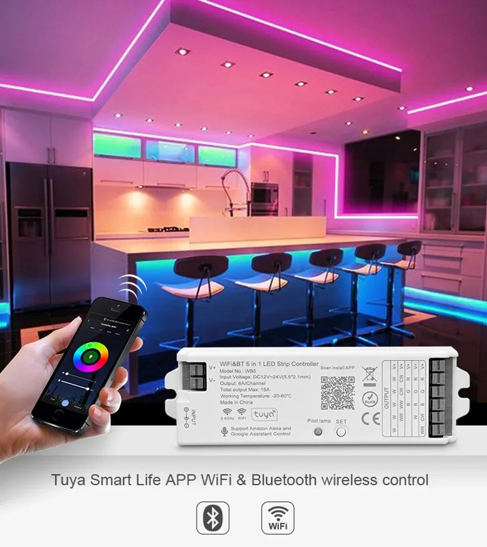 1-10PCS Smart LED Controller Tuya WiFi Alexa Google 2.4G 20KHz 4/8 Zone 5IN1 CCT RGB RGBW Dimmer RGBCCT LED Strip High Frequency