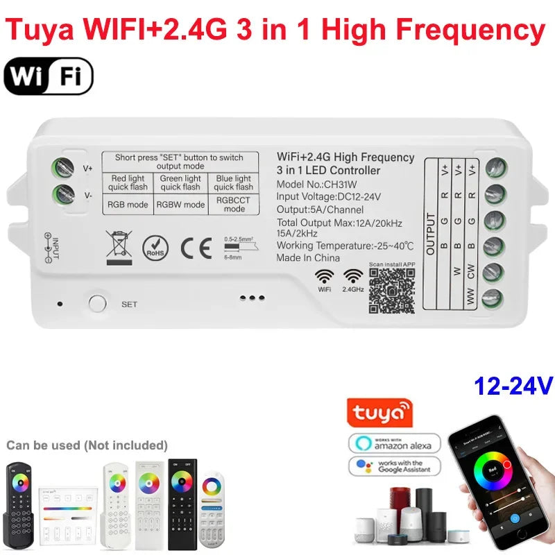 1-10PCS Smart LED Controller Tuya WiFi Alexa Google 2.4G 20KHz 4/8 Zone 5IN1 CCT RGB RGBW Dimmer RGBCCT LED Strip High Frequency