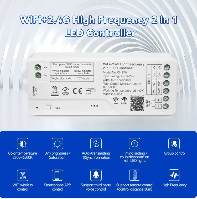 1-10PCS Smart LED Controller Tuya WiFi Alexa Google 2.4G 20KHz 4/8 Zone 5IN1 CCT RGB RGBW Dimmer RGBCCT LED Strip High Frequency