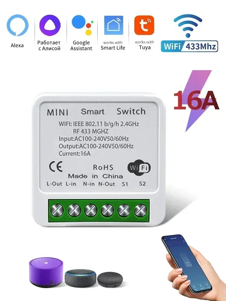 WiFi Mini Smart Switch 16A/20A DIY Light Switches Wireless Smart Home Work with Tuya/Zigbee Smart Life Homekit Alexa Google Home