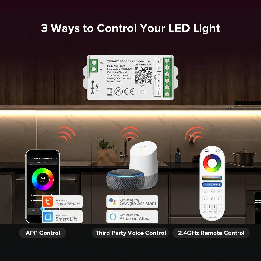 1-10PCS Smart LED Controller Tuya WiFi Alexa Google 2.4G 20KHz 4/8 Zone 5IN1 CCT RGB RGBW Dimmer RGBCCT LED Strip High Frequency