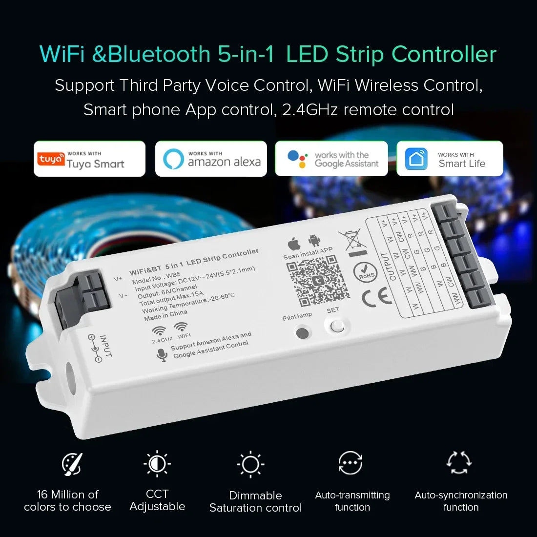 1-10PCS Smart LED Controller Tuya WiFi Alexa Google 2.4G 20KHz 4/8 Zone 5IN1 CCT RGB RGBW Dimmer RGBCCT LED Strip High Frequency