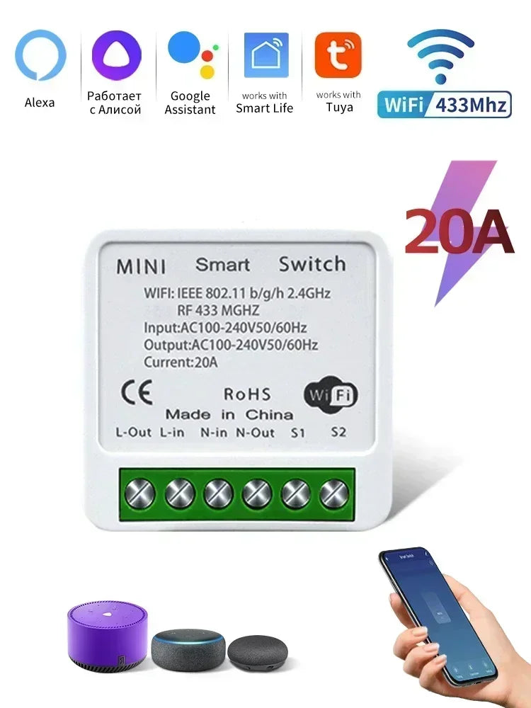 WiFi Mini Smart Switch 16A/20A DIY Light Switches Wireless Smart Home Work with Tuya/Zigbee Smart Life Homekit Alexa Google Home