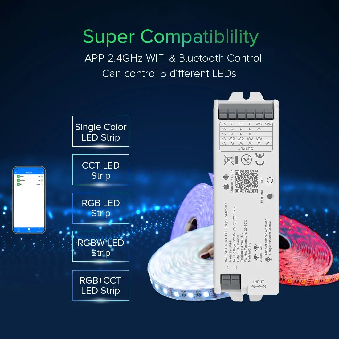 1-10PCS Smart LED Controller Tuya WiFi Alexa Google 2.4G 20KHz 4/8 Zone 5IN1 CCT RGB RGBW Dimmer RGBCCT LED Strip High Frequency