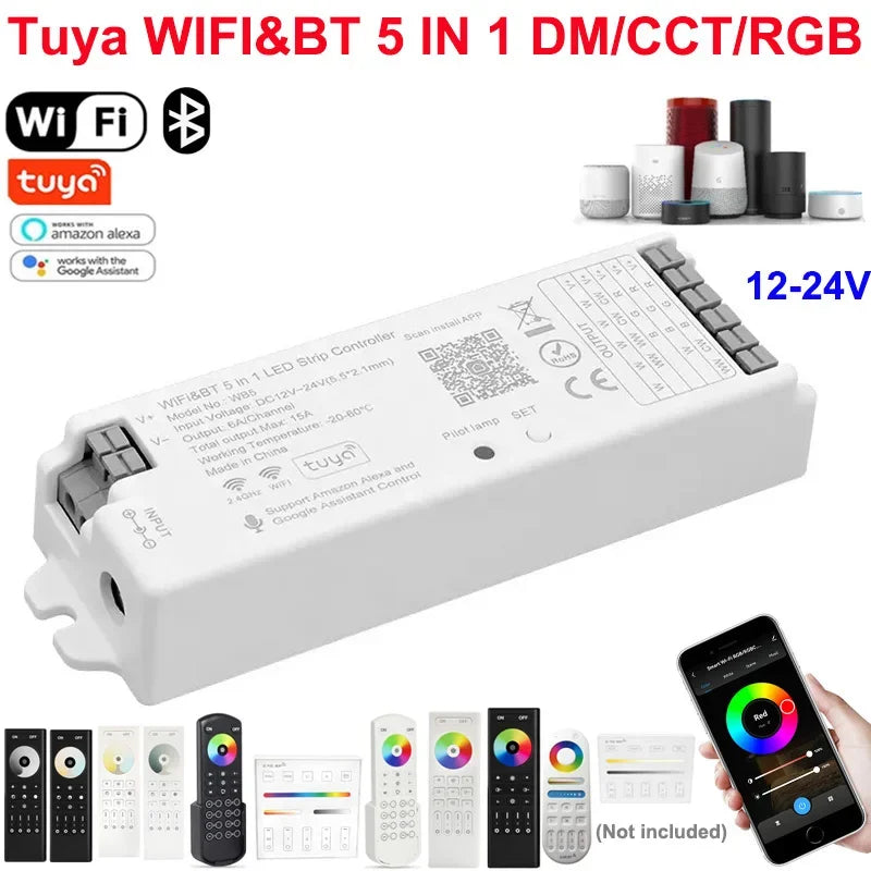 1-10PCS Smart LED Controller Tuya WiFi Alexa Google 2.4G 20KHz 4/8 Zone 5IN1 CCT RGB RGBW Dimmer RGBCCT LED Strip High Frequency