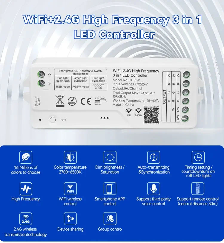 1-10PCS Smart LED Controller Tuya WiFi Alexa Google 2.4G 20KHz 4/8 Zone 5IN1 CCT RGB RGBW Dimmer RGBCCT LED Strip High Frequency