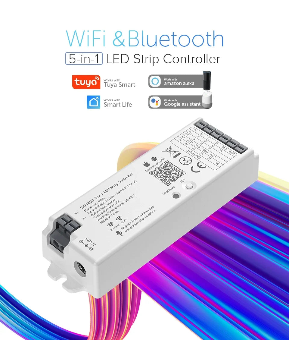 1-10PCS Smart LED Controller Tuya WiFi Alexa Google 2.4G 20KHz 4/8 Zone 5IN1 CCT RGB RGBW Dimmer RGBCCT LED Strip High Frequency