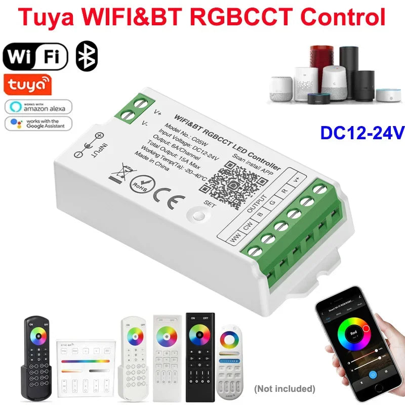 1-10PCS Smart LED Controller Tuya WiFi Alexa Google 2.4G 20KHz 4/8 Zone 5IN1 CCT RGB RGBW Dimmer RGBCCT LED Strip High Frequency