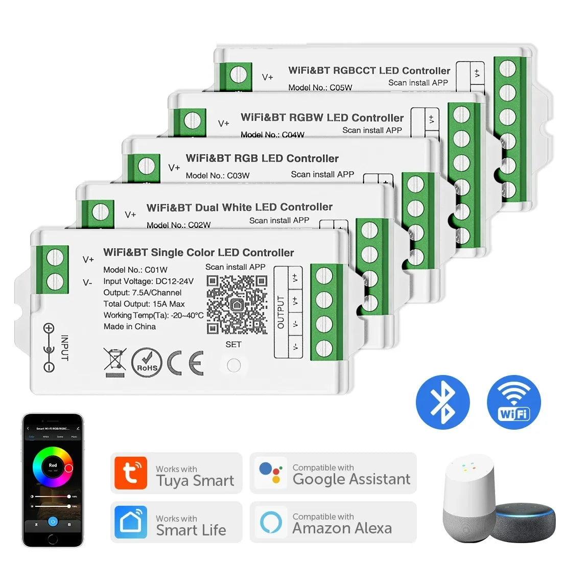 1-10PCS Smart LED Controller Tuya WiFi Alexa Google 2.4G 20KHz 4/8 Zone 5IN1 CCT RGB RGBW Dimmer RGBCCT LED Strip High Frequency