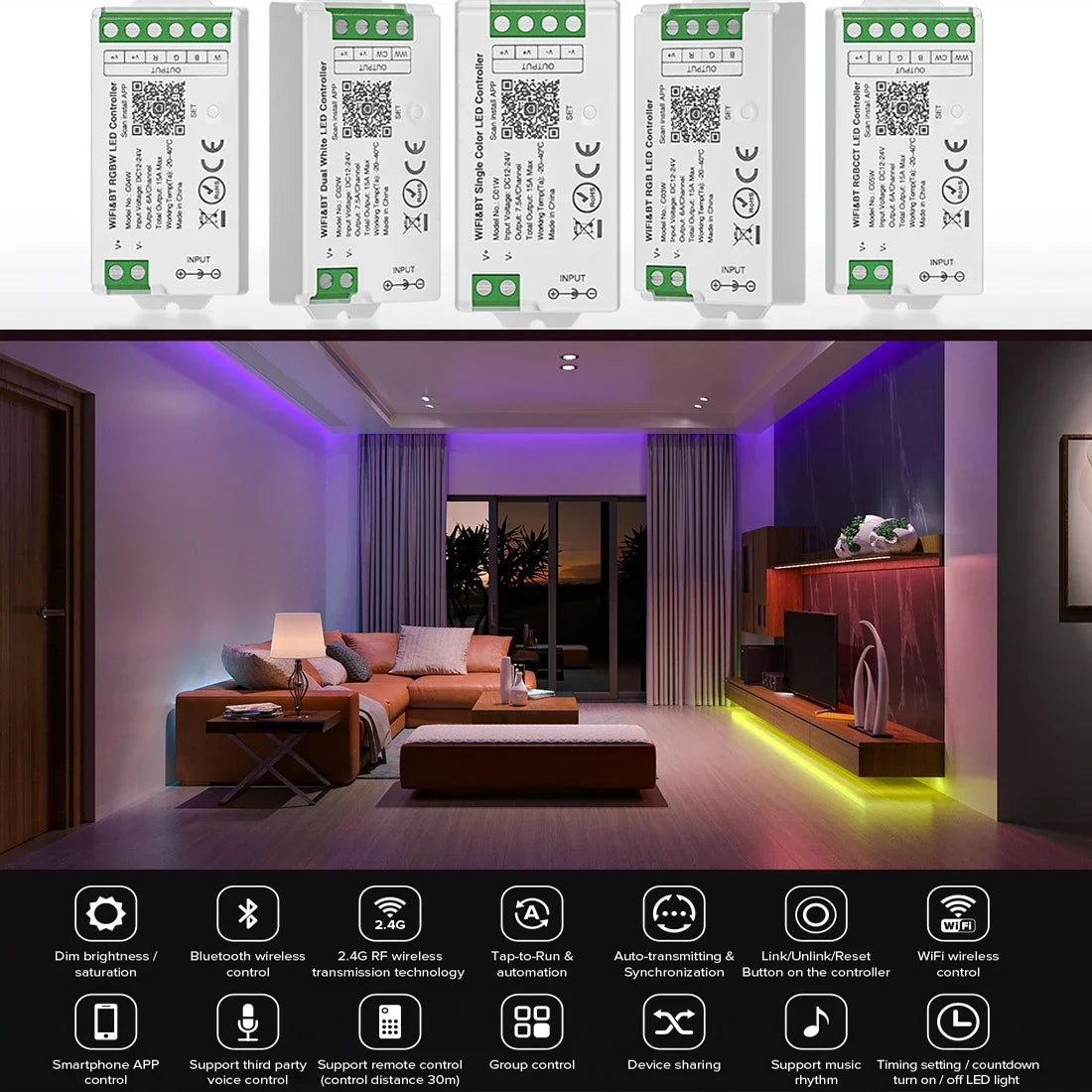 1-10PCS Smart LED Controller Tuya WiFi Alexa Google 2.4G 20KHz 4/8 Zone 5IN1 CCT RGB RGBW Dimmer RGBCCT LED Strip High Frequency