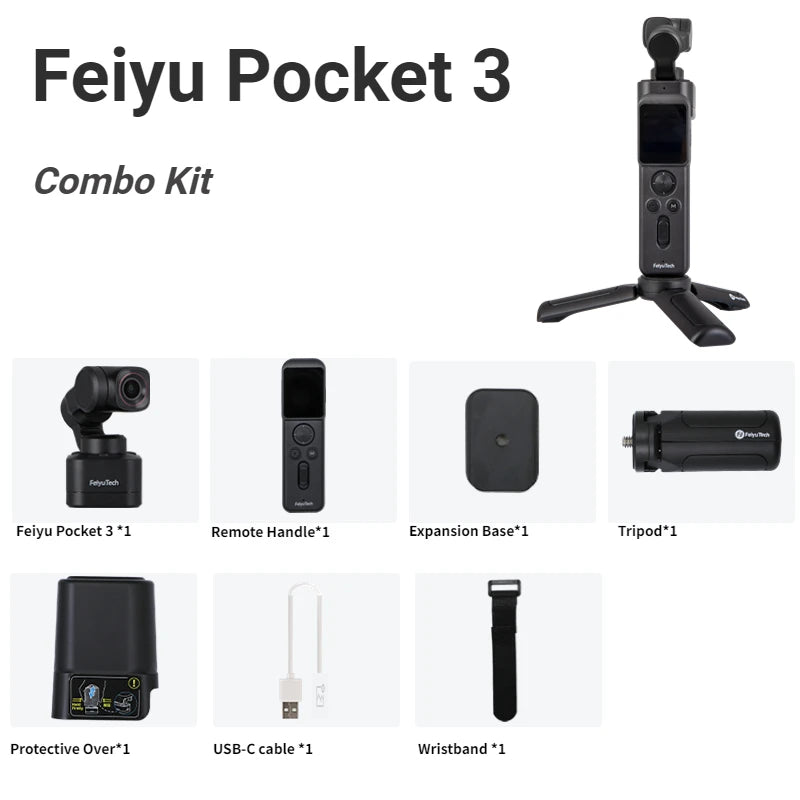 Feiyu Pocket 3 with Remote Control Grip [Official], 4K Action Camera with 3-Axis Anti-Shake Stabilization, 12MP Ultra HD, 130° Wide View, Built-in MIC, for Vlogging, Diving