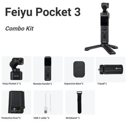 Feiyu Pocket 3 with Remote Control Grip [Official], 4K Action Camera with 3-Axis Anti-Shake Stabilization, 12MP Ultra HD, 130° Wide View, Built-in MIC, for Vlogging, Diving