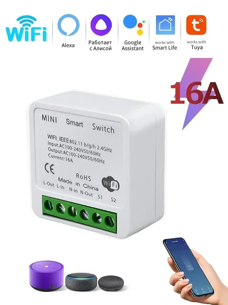 WiFi Mini Smart Switch 16A/20A DIY Light Switches Wireless Smart Home Work with Tuya/Zigbee Smart Life Homekit Alexa Google Home
