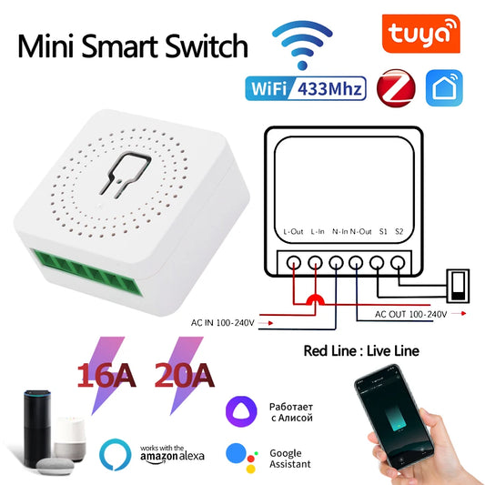 WiFi Mini Smart Switch 16A/20A DIY Light Switches Wireless Smart Home Work with Tuya/Zigbee Smart Life Homekit Alexa Google Home