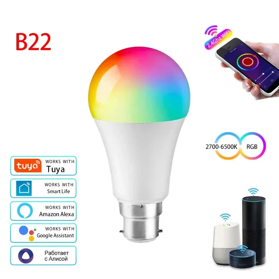 Smart Led Light Bulbs E27 B22 Wifi Bluetooth Smart Life Alexa Google SmartThings 15W RGB