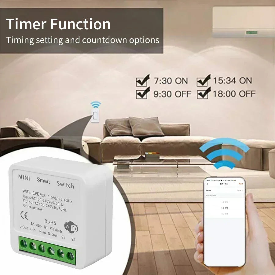 WiFi Mini Smart Switch 16A/20A DIY Light Switches Wireless Smart Home Work with Tuya/Zigbee Smart Life Homekit Alexa Google Home
